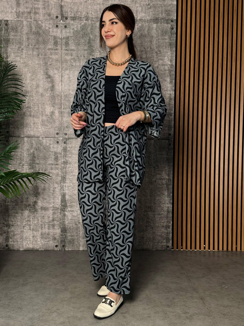Noves Gri Desenli Kimono İkili Takım