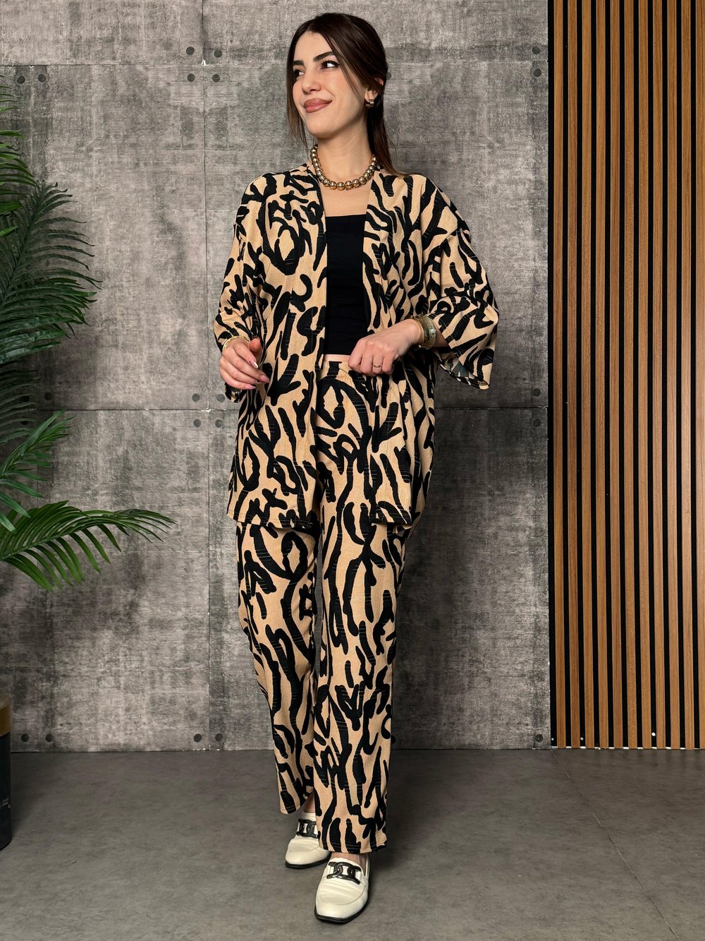 Noves Sütlü Kahve Desenli Kimono İkili Takım