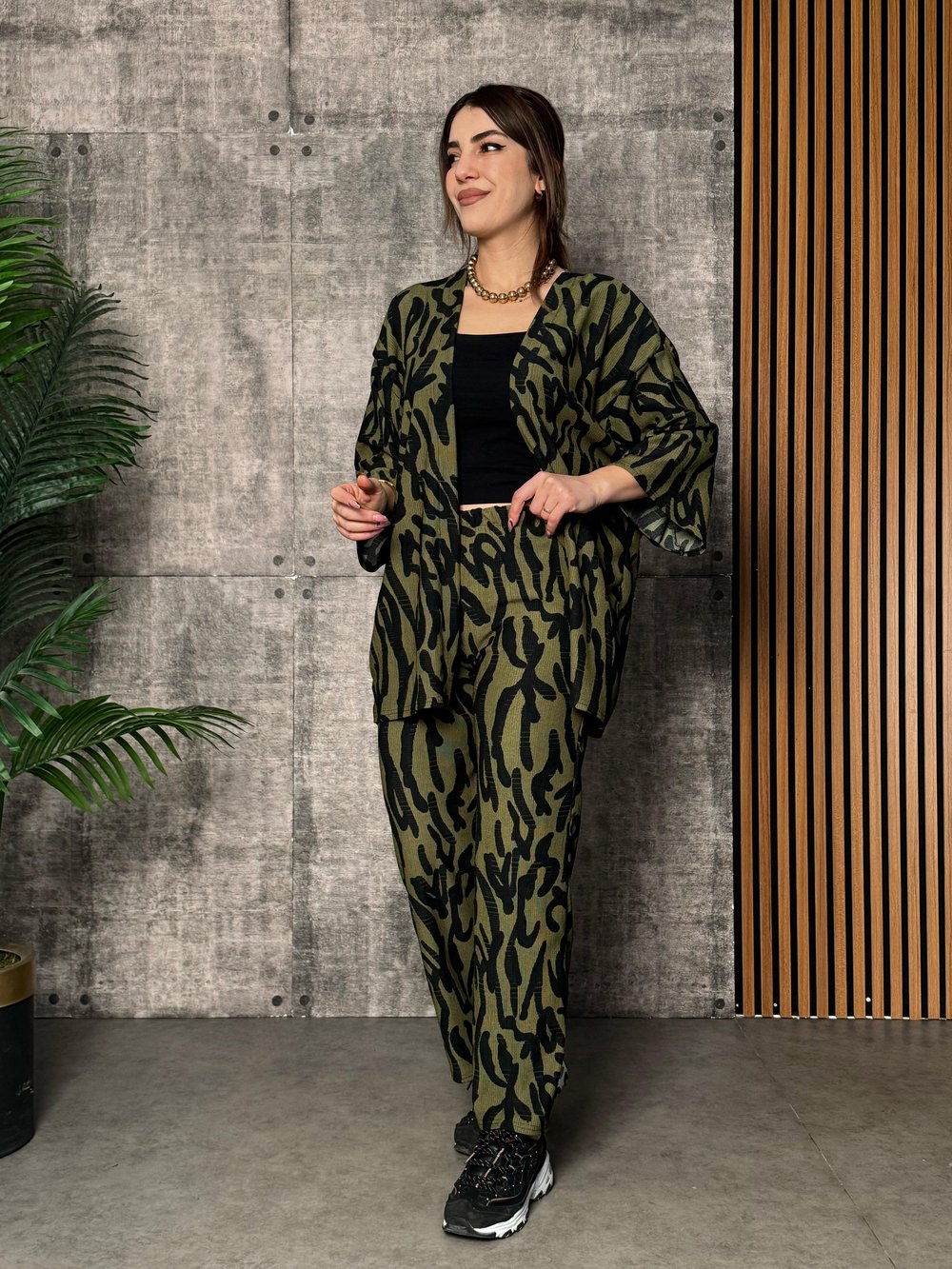Noves Yeşil Desenli Kimono İkili Takım