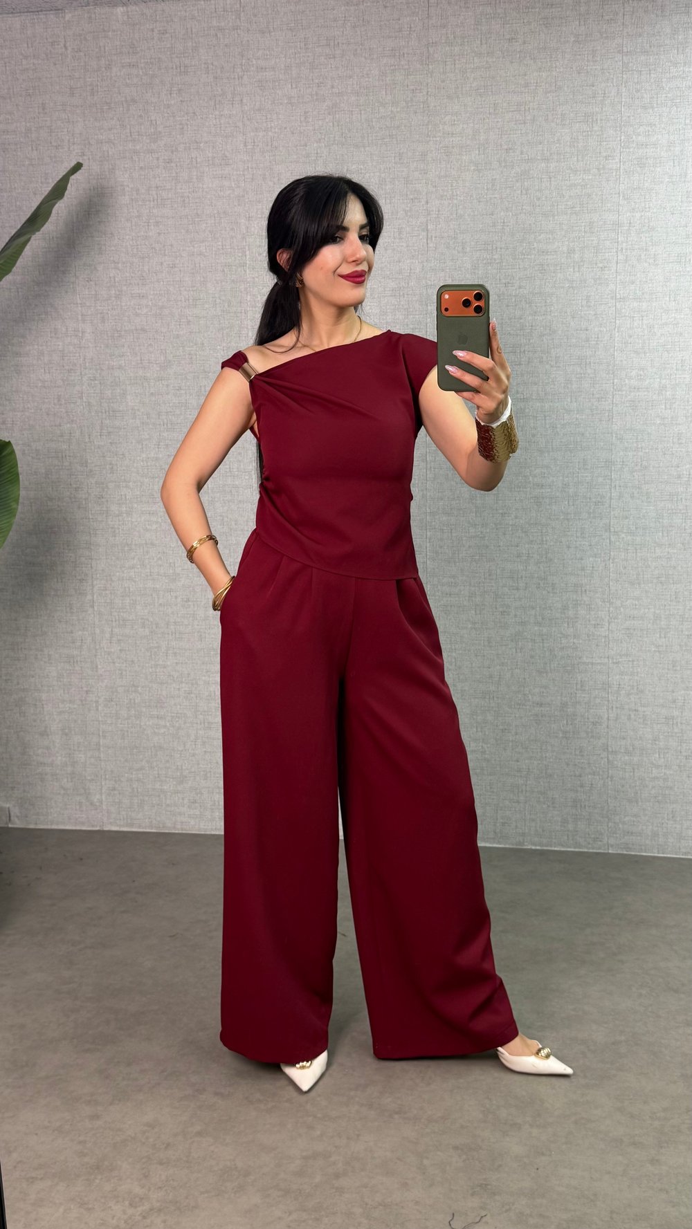 Olga Bordo Gold Tokalı Kayık Yaka Crep İkili Takım