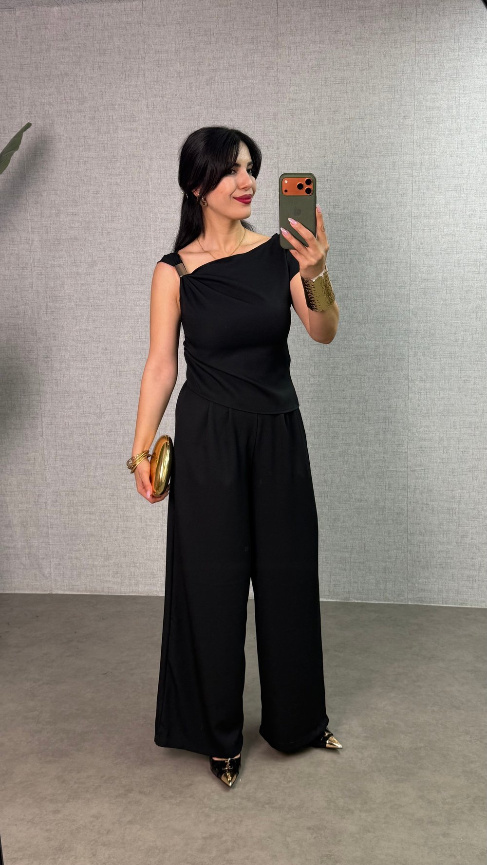 Olga Siyah Gold Tokalı Kayık Yaka Crep İkili Takım