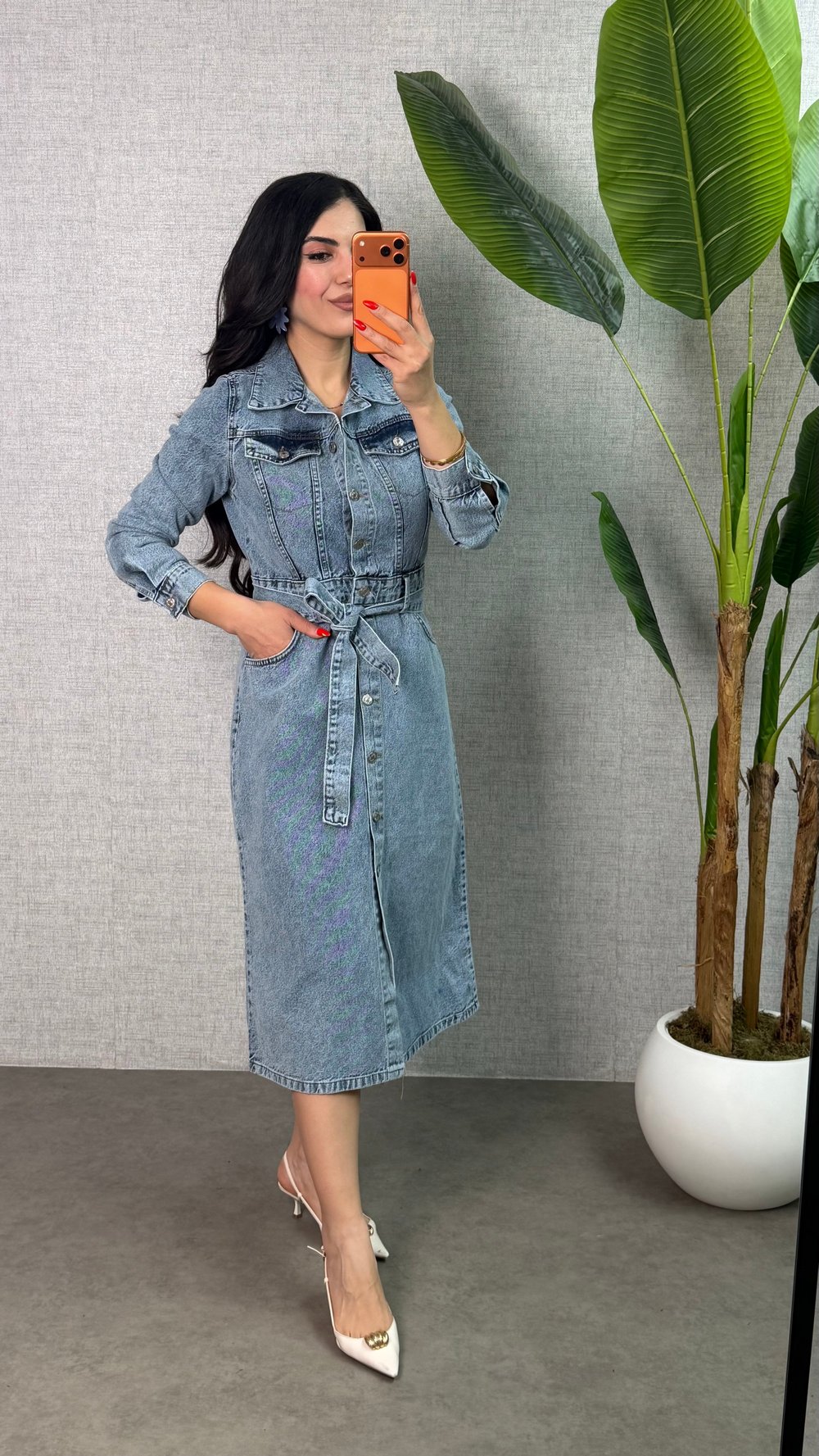 Onne Mavi Beli Kuşaklı Cep Detaylı Denim Elbise