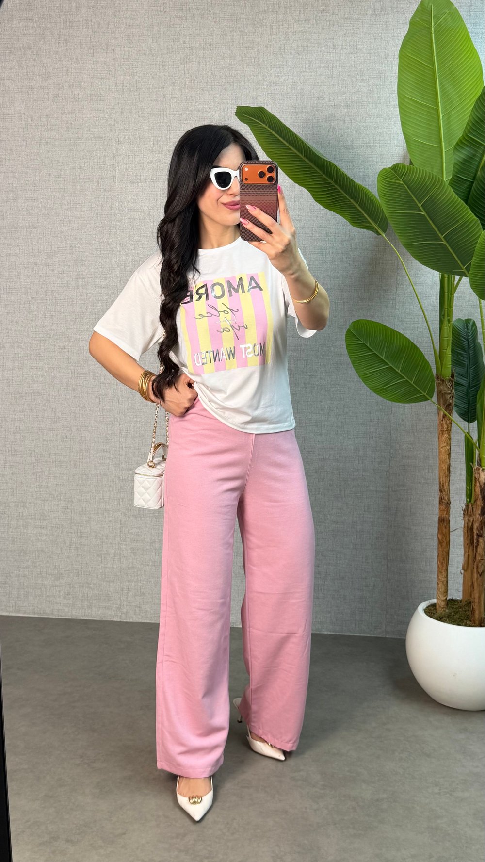 Pink Pembe Baskılı Keten İkili Takım