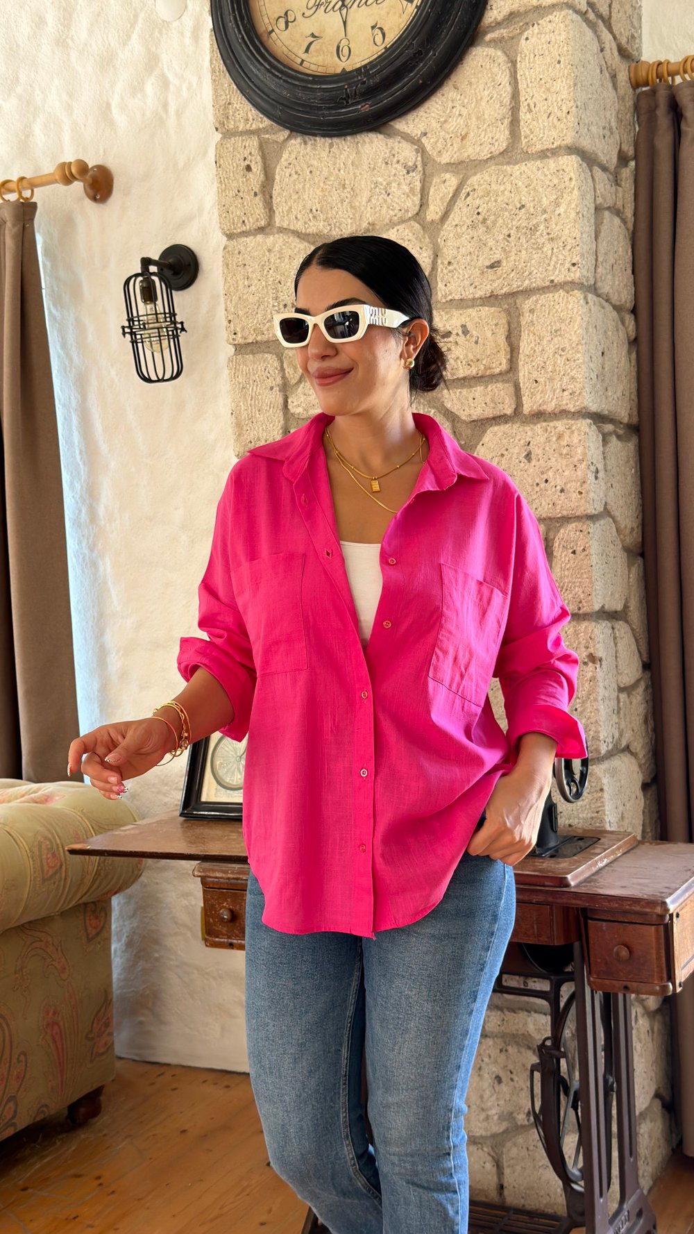 Piya Pembe Çift Cep Oversize Gömlek