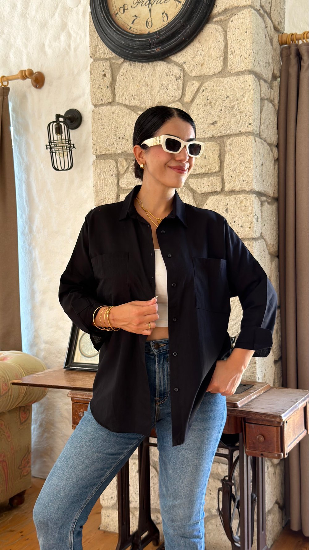 Piya Siyah Çift Cep Oversize Gömlek