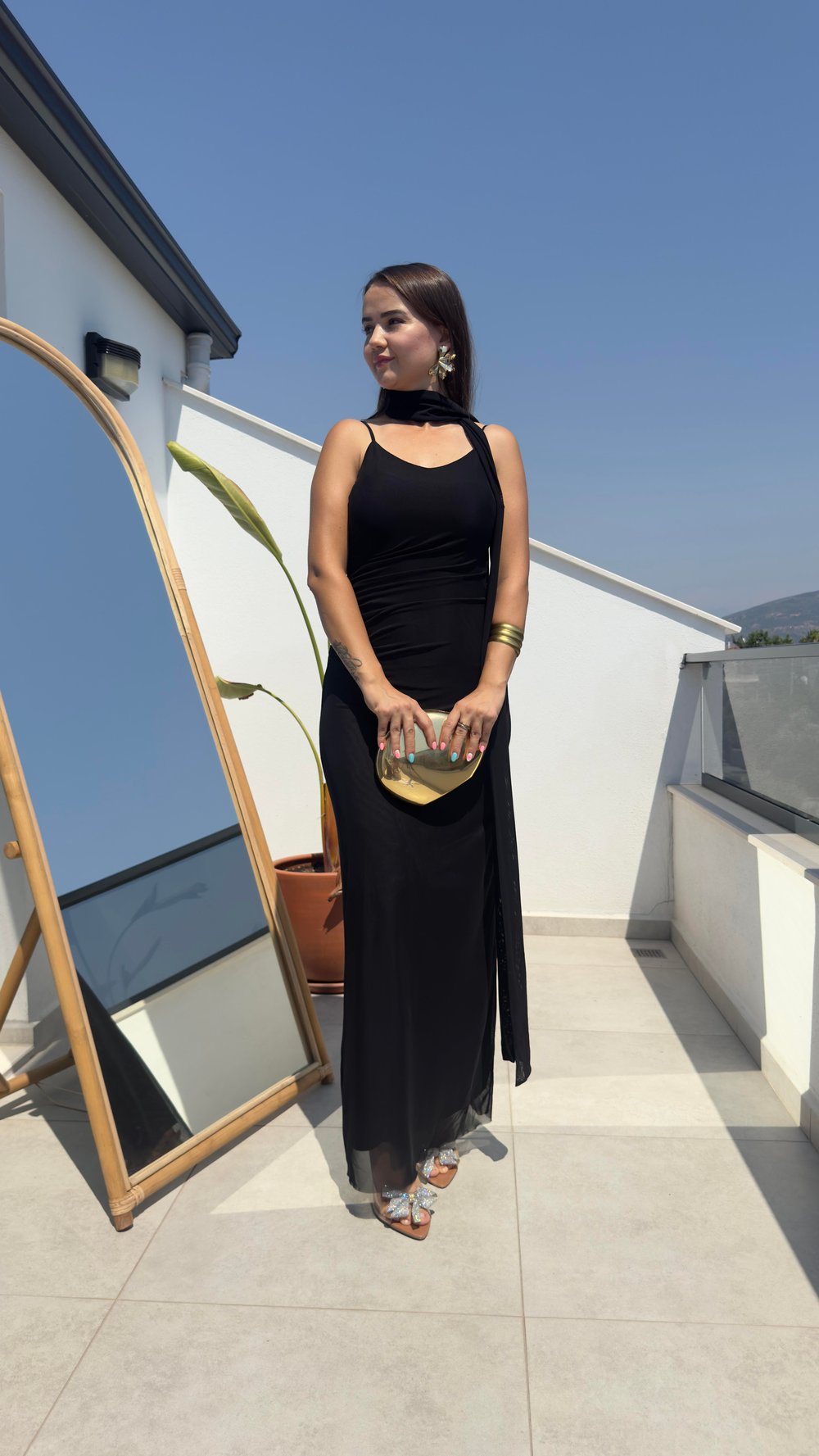 Relly Siyah Askılı Fular Detaylı Elbise