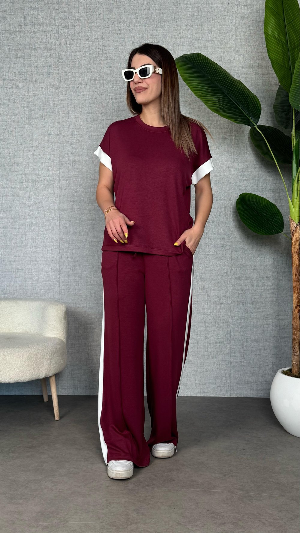 Ress Bordo Şeritli İkili Takım
