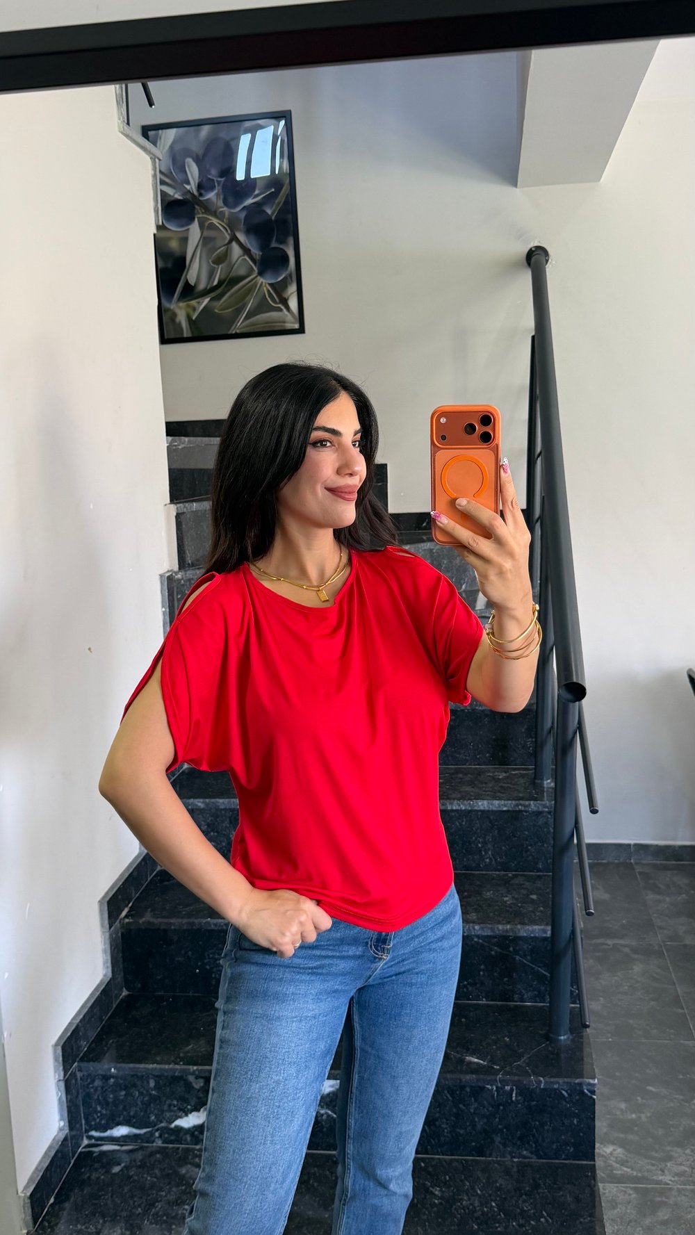 Rias Kırmızı Omuz Dekolteli Basic Bluz