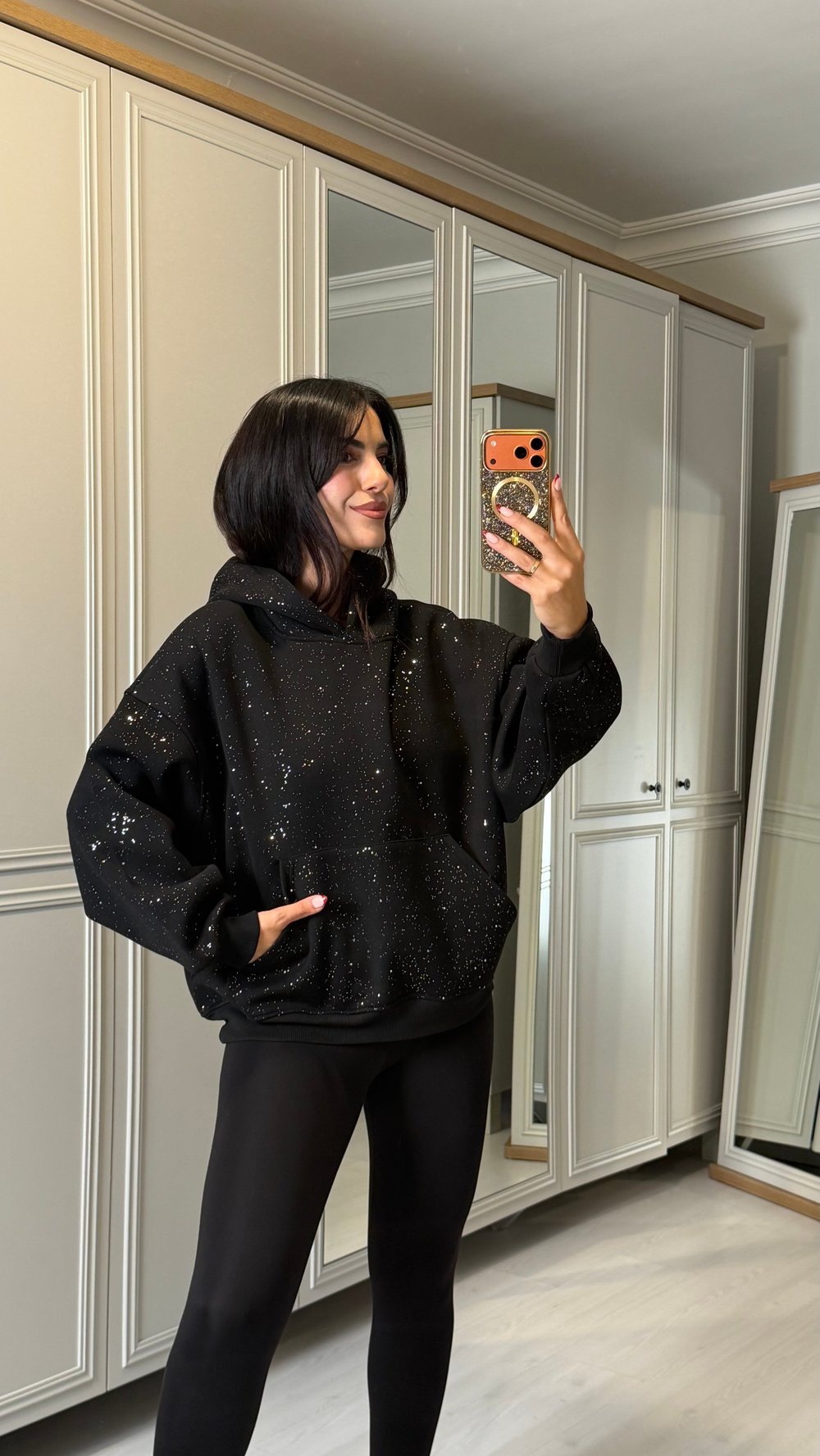 Ridi Siyah Simli Kapüşonlu Sweatshirt