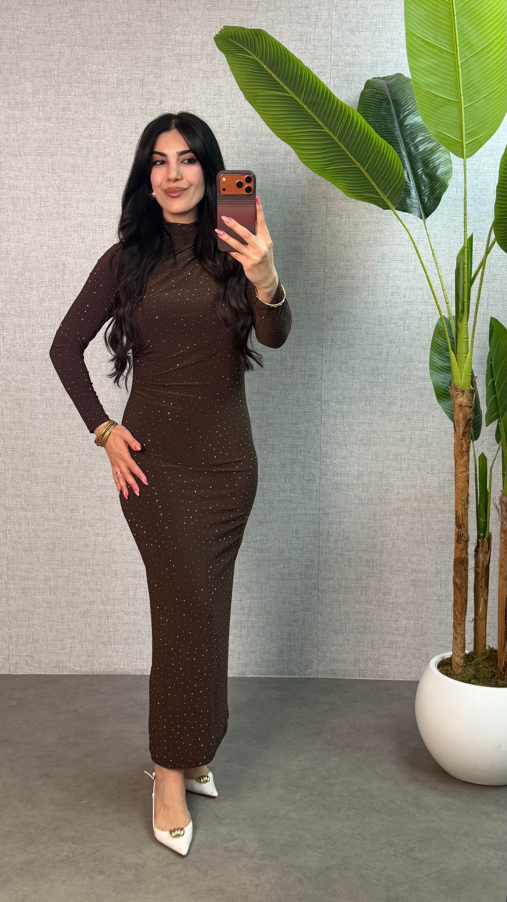 Rima Kahverengi Taşlı Sandy Elbise