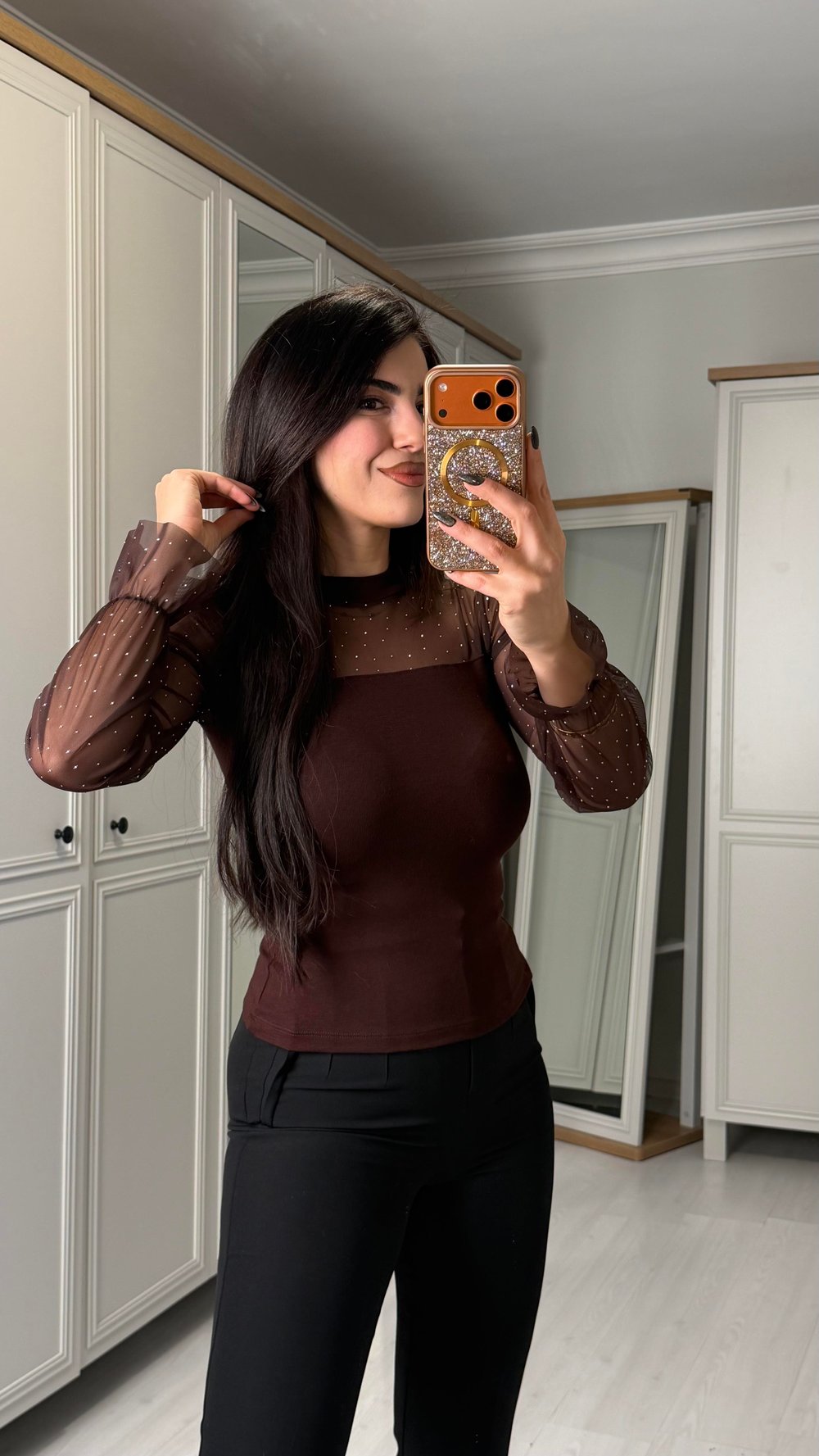 Romy Kahverengi Taşlı Tül Dik Yaka Bluz