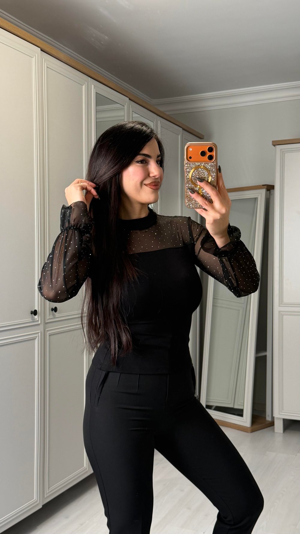 Romy Siyah Taşlı Tül Dik Yaka Bluz