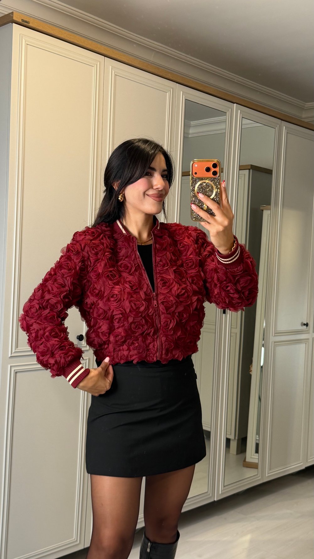 Roos Bordo Tasarım Gül İşlemeli Ceket