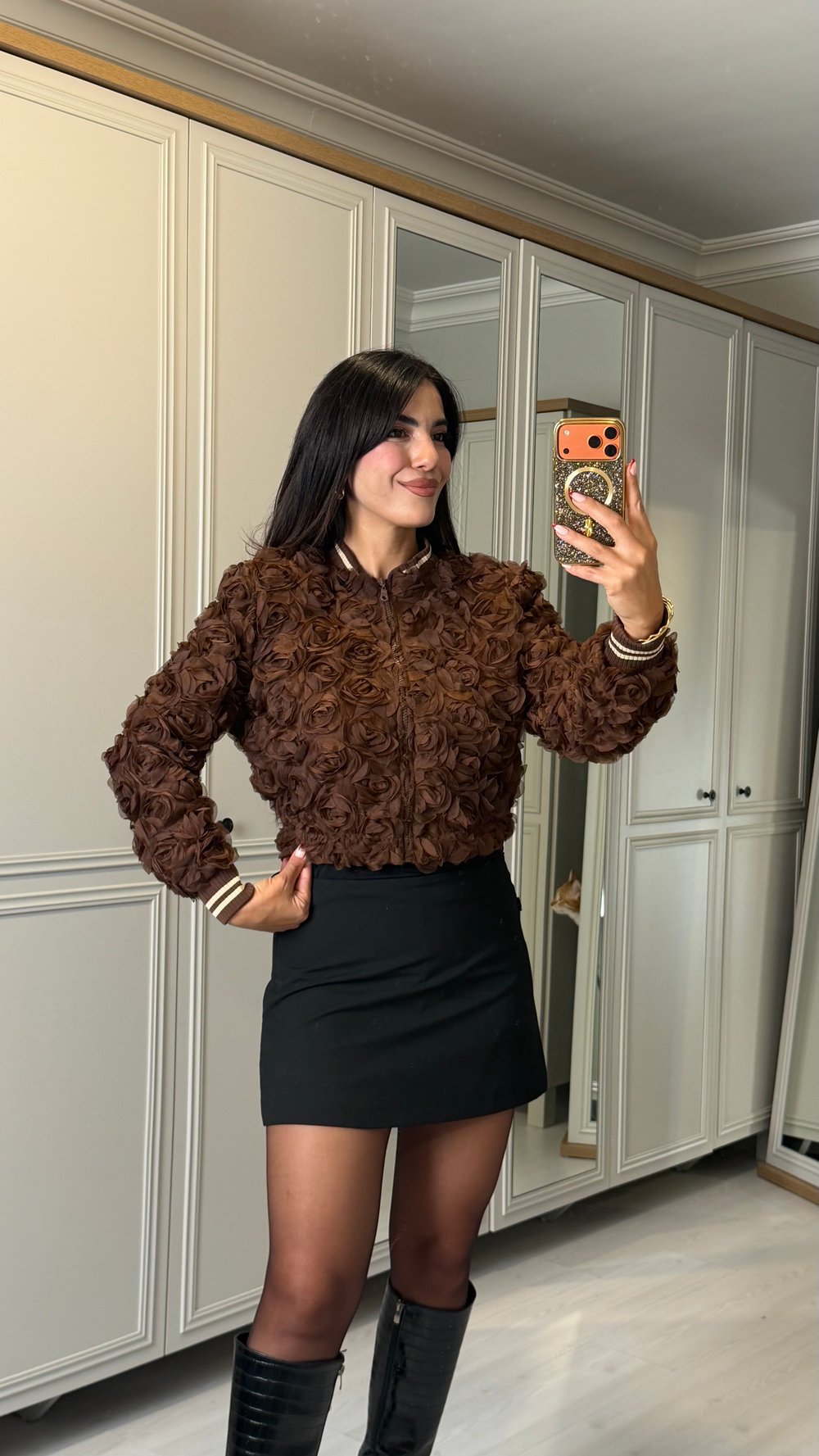 Roos Kahverengi Tasarım Gül İşlemeli Ceket
