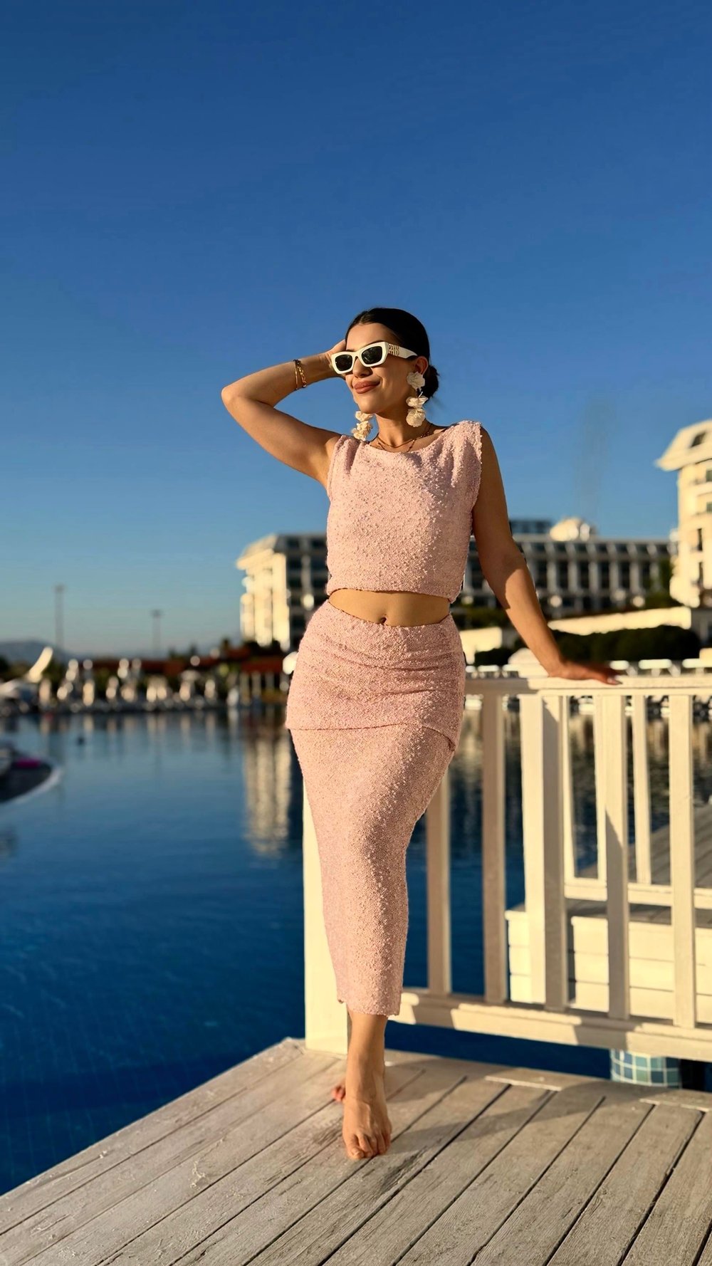 Shans Pembe Kendinden Dokulu Drape Detaylı İkili Takım