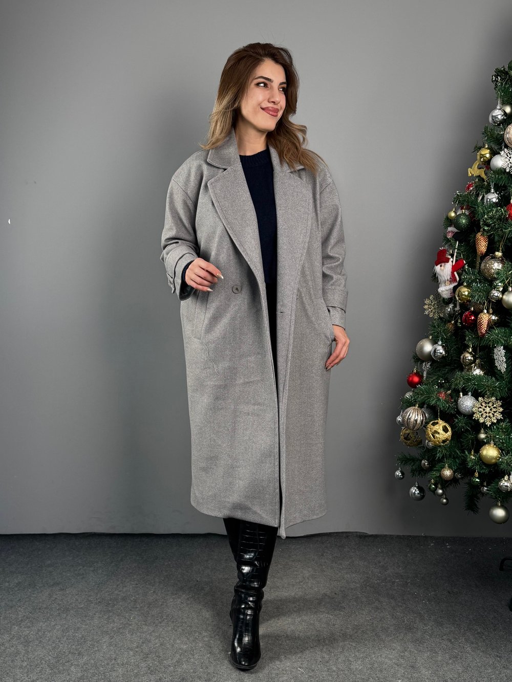 Shay Gri Oversize İçi Astarlı Kaşe Kaban