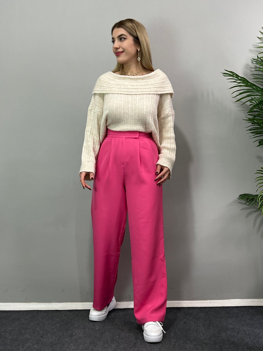 Suby Pembe Cırtlı Palazzo Pantolon