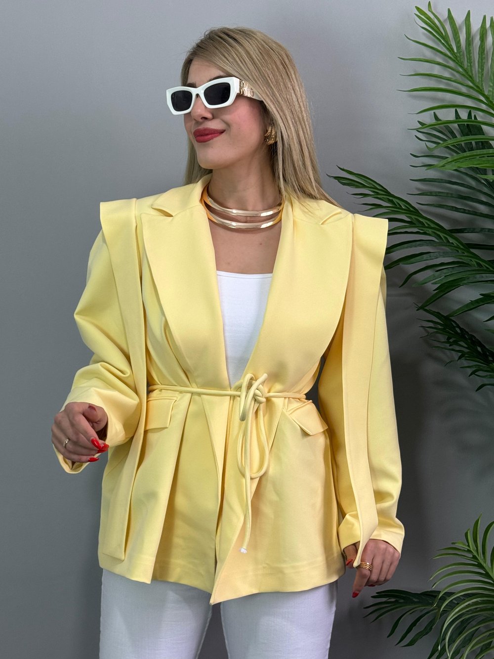 Tia Sarı Tasarım Blazer Astarlı Ceket 