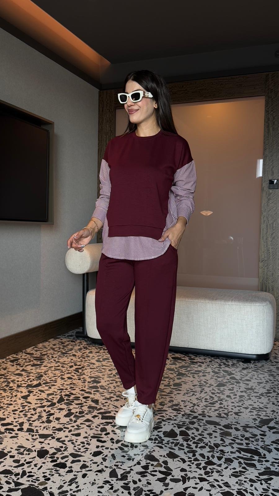 Tina Bordo Çizgili Gömlek Yaka Modal İkili Takım