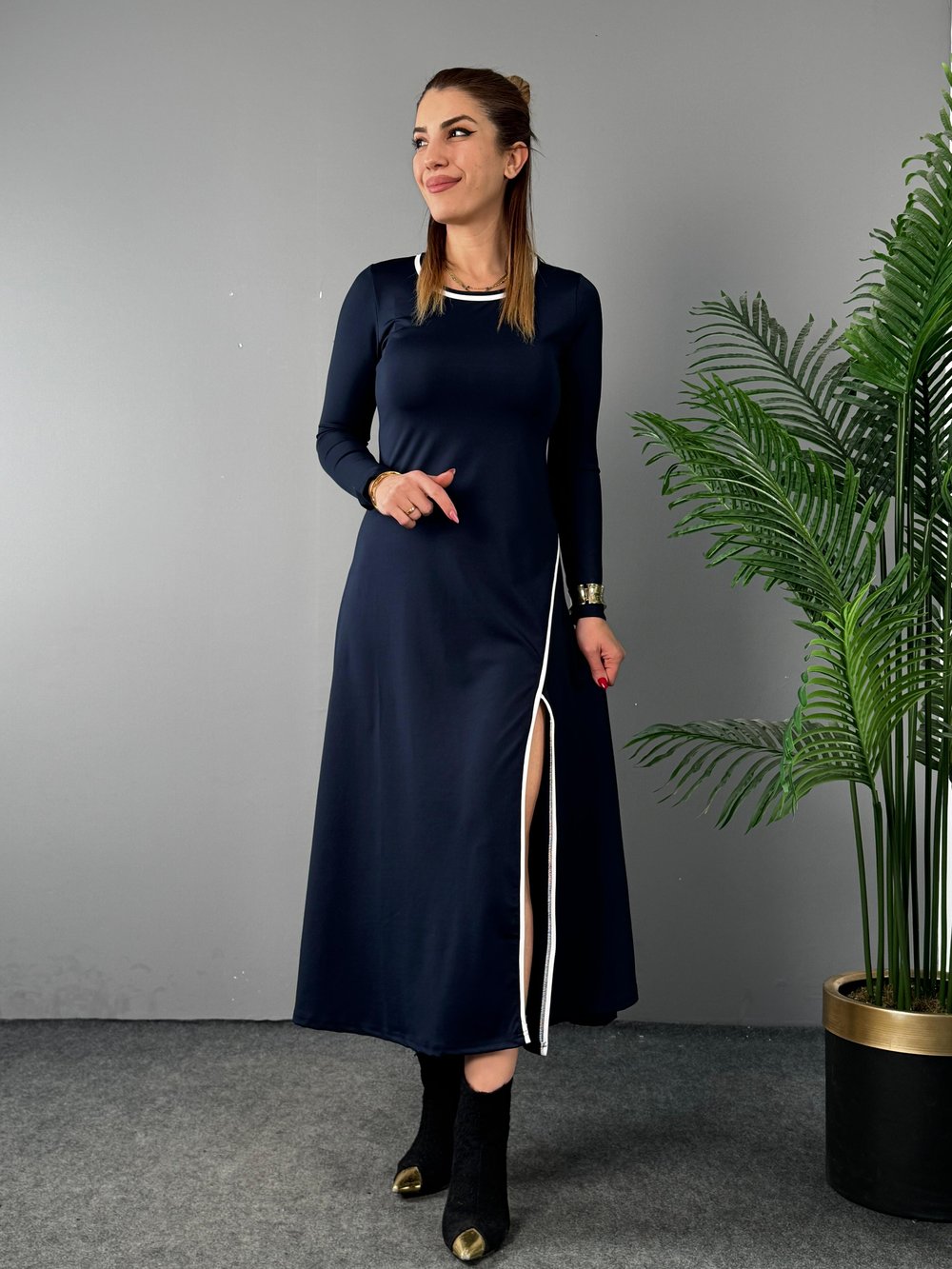 Venna Lacivert Modal Biyeli Maxi Boy Elbise