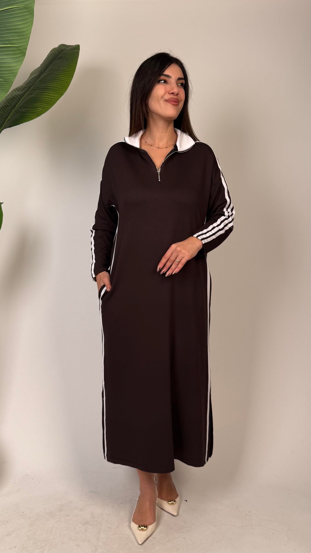 Viola Kahverengi Şeritli Sweat Elbise
