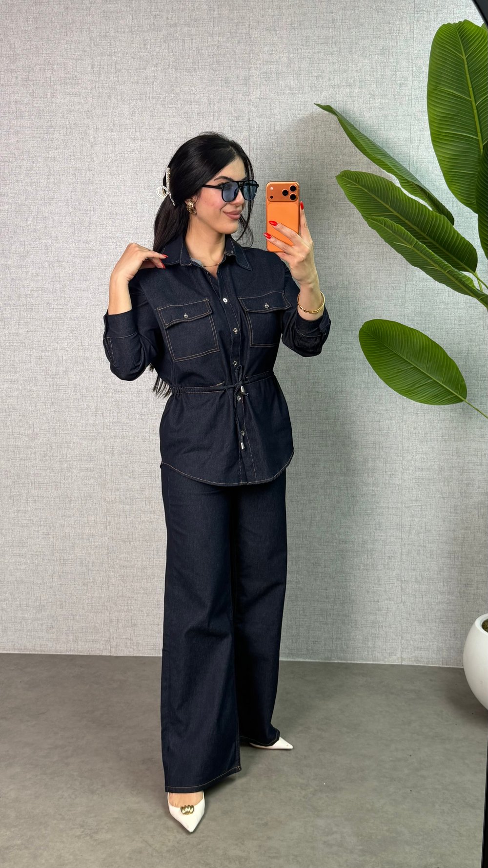 Vuna Mavi Beli Büzgülü Cepli Denim İkili Takım