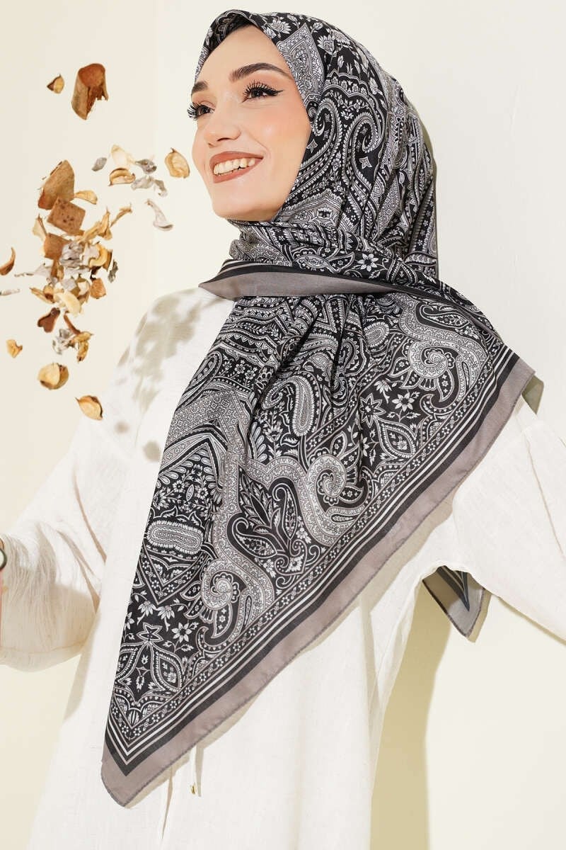 120 cm Etnik Desen Eşarp Siyah Vizon
