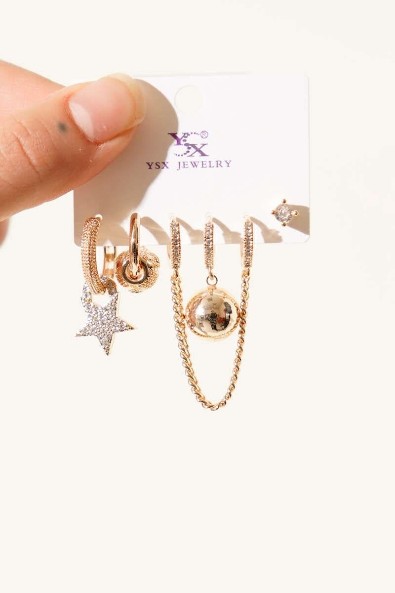 6'lı Kombin Yıldız Figürlü Taşlı Küpe Seti Gold