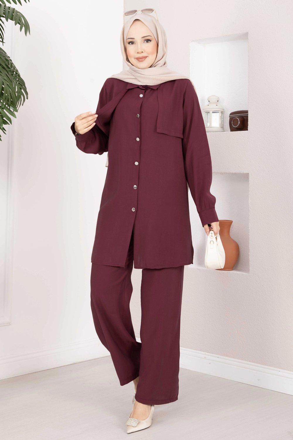Aller Detaylı Düğmeli Tunik Pantolon Takım Bordo