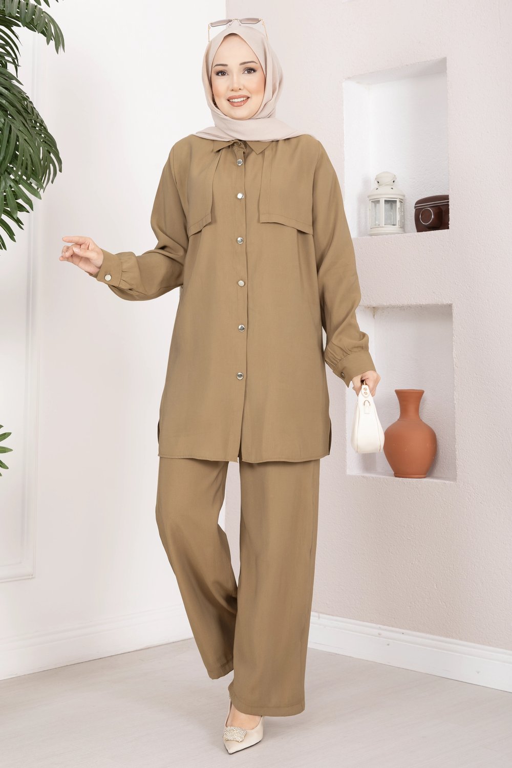 Aller Detaylı Düğmeli Tunik Pantolon Takım Camel