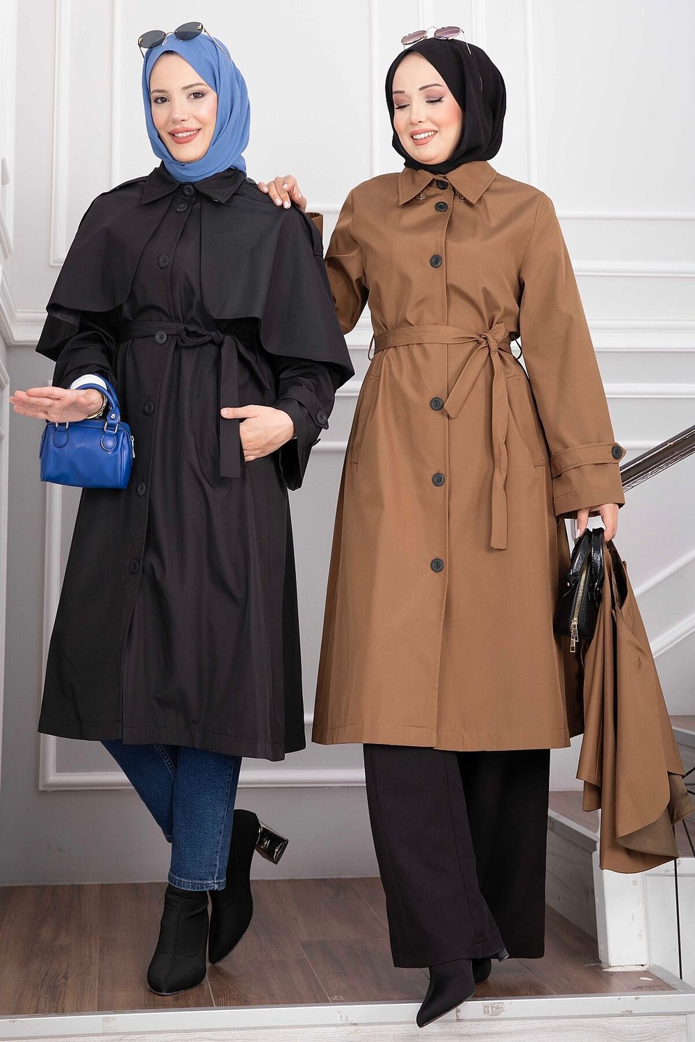 Allerli Kuşaklı Uzun Trençkot Siyah