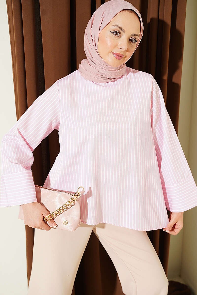 Asimetrik Kesim Kalın Çizgili Tunik Pembe