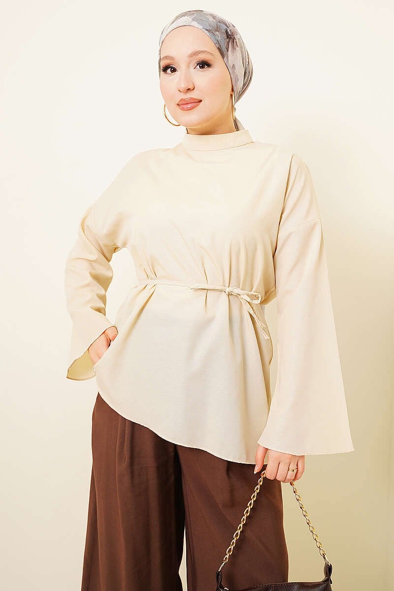 Asimetrik Kesim Poplin Tunik Bej
