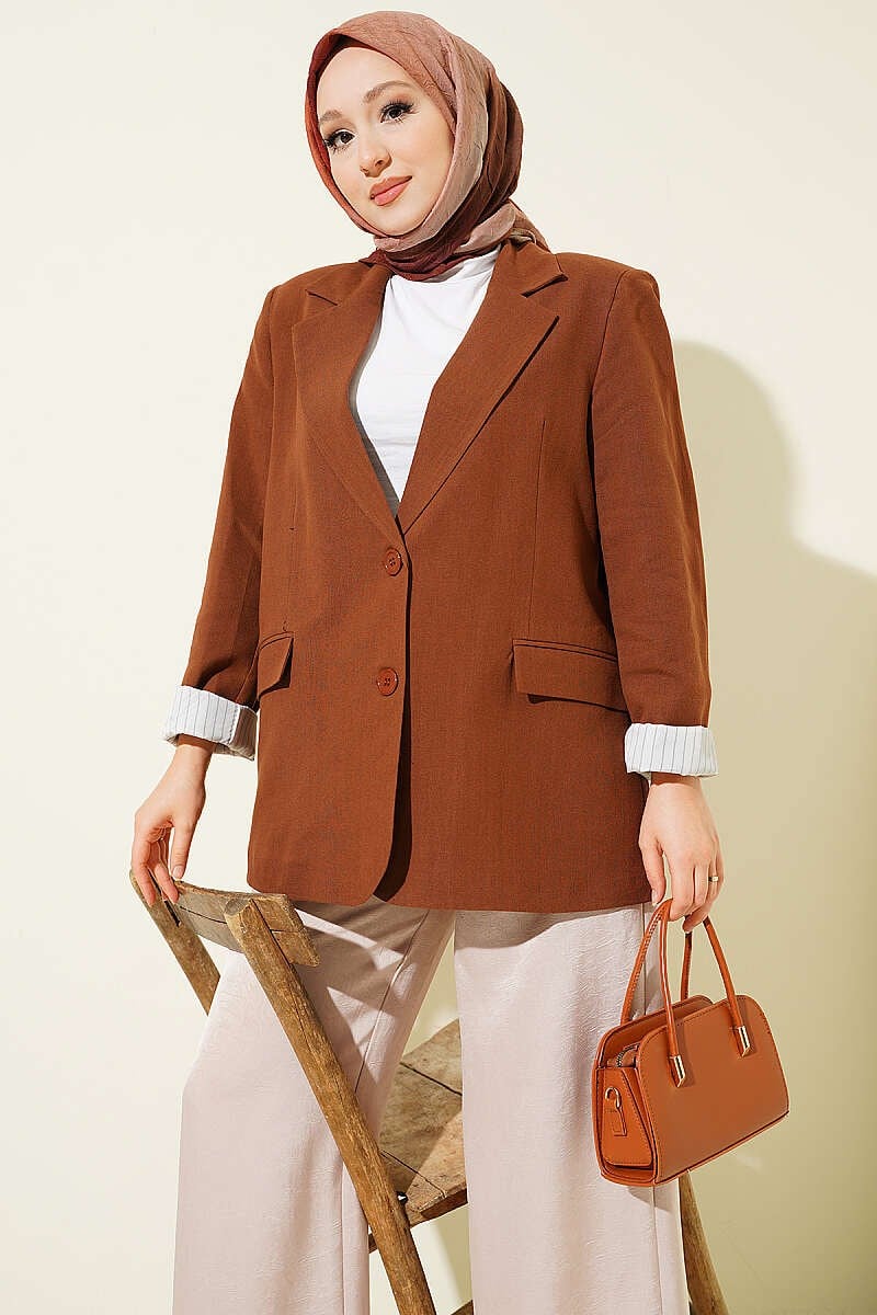 Astarı Çizgili Keten Blazer Ceket Kahve