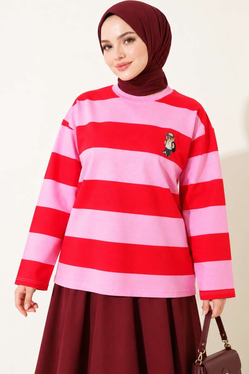 Ayıcık Baskılı Çizgili Tunik Pembe