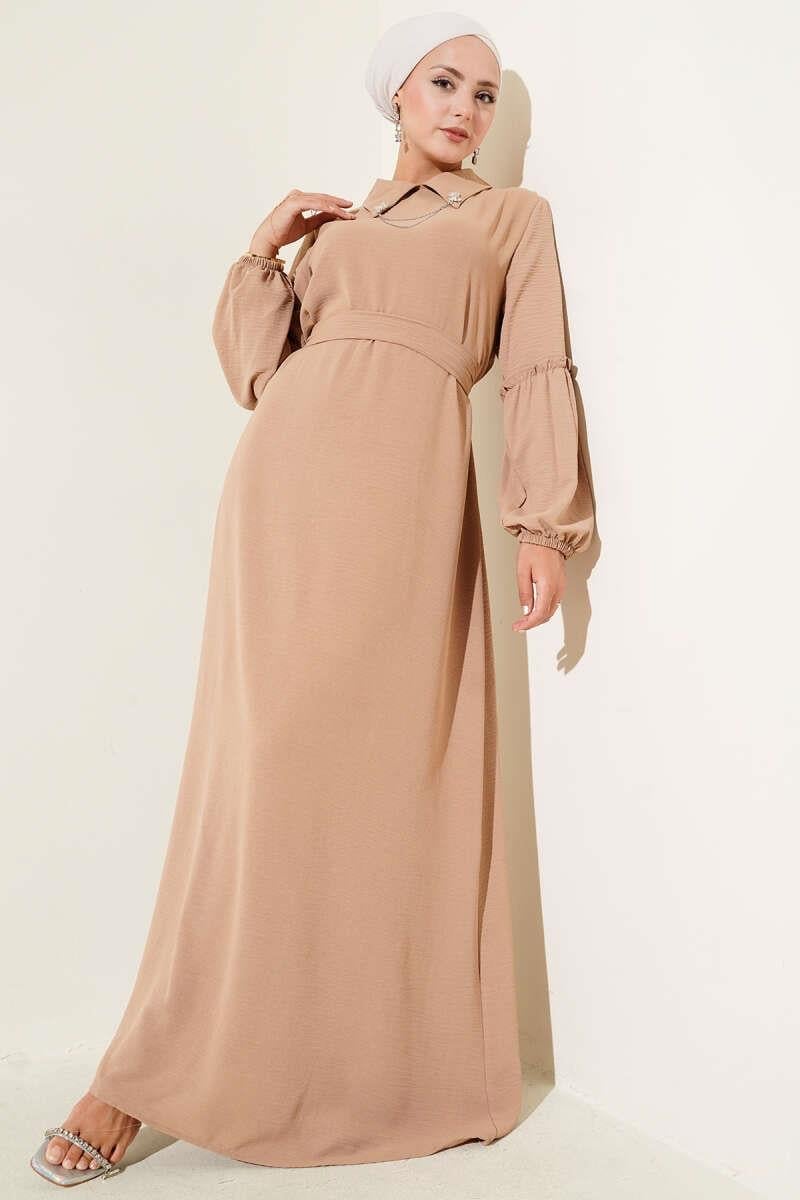 Ayrobin Kol Büzgülü Elbise Camel