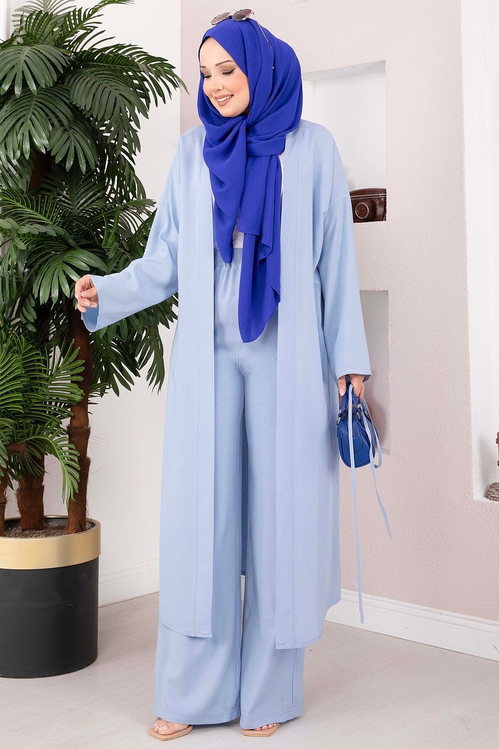 Bağcıklı Uzun Kimono Pantolon Takım Bebe Mavisi