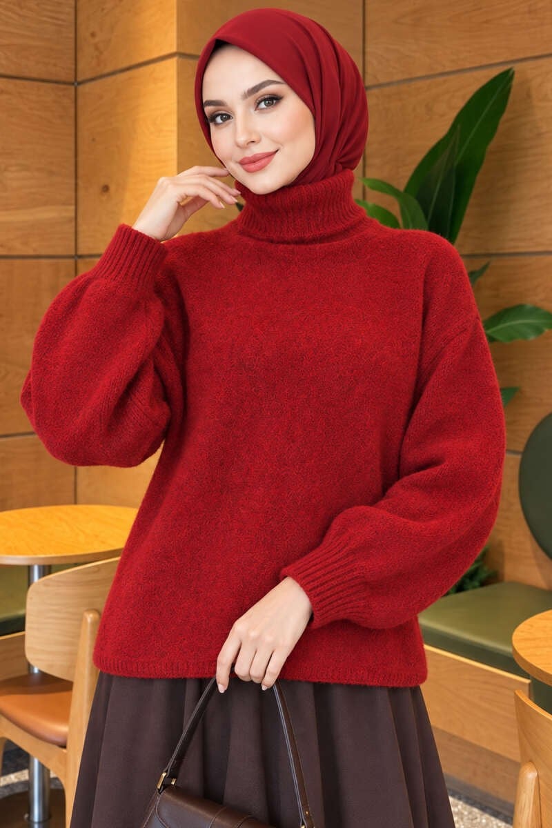 Balıkçı Yaka Oversize Triko Kazak Bordo