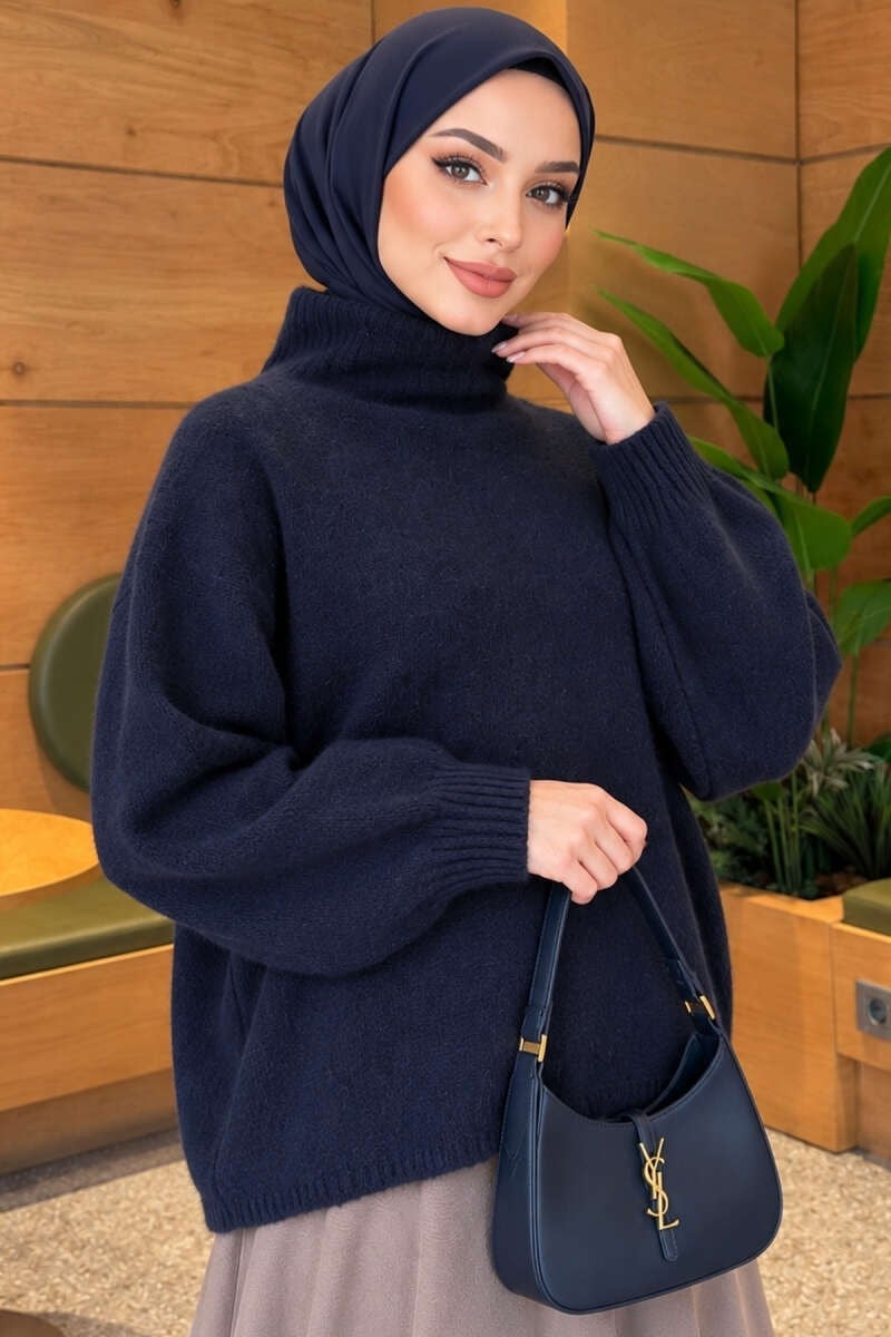Balıkçı Yaka Oversize Triko Kazak Lacivert