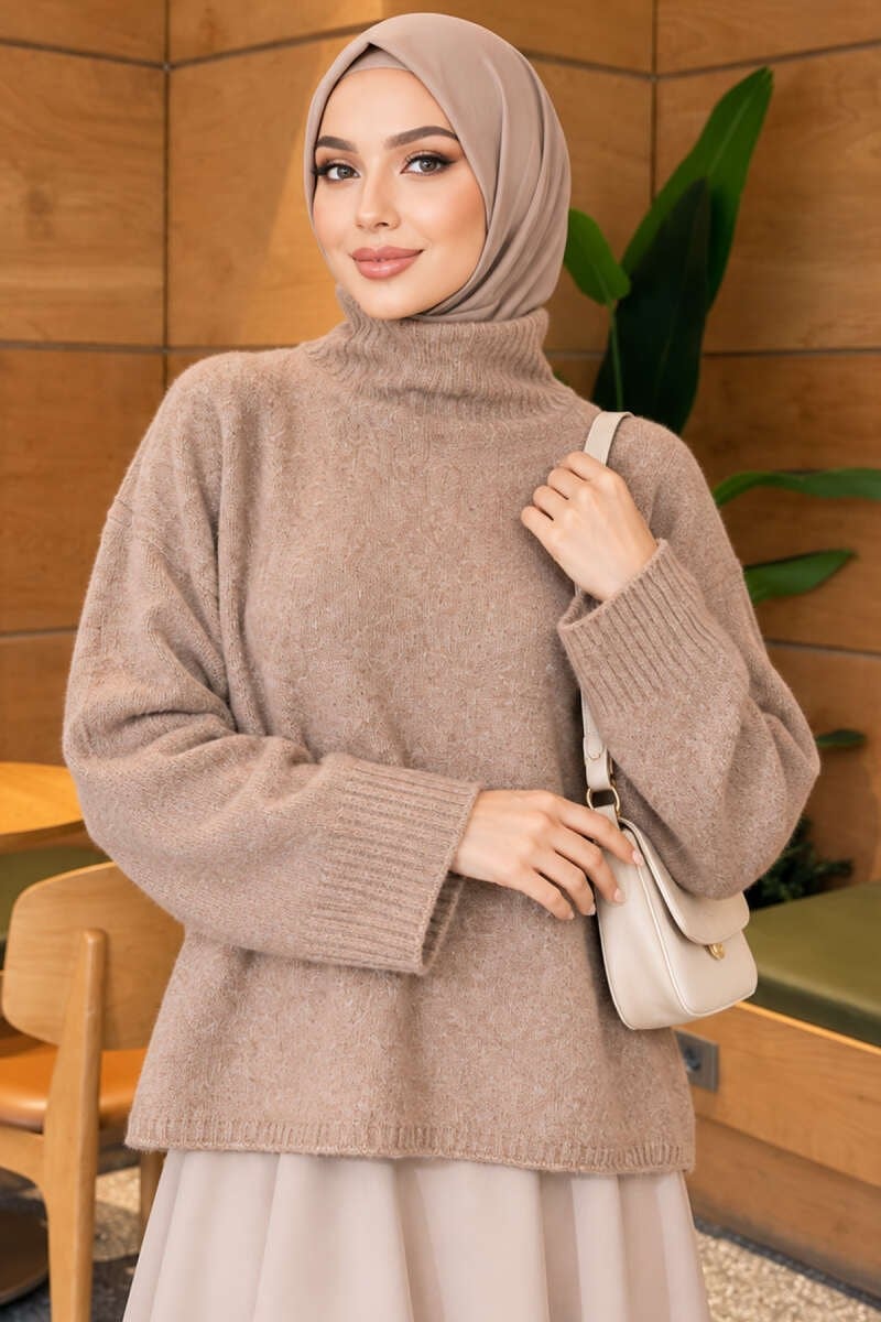 Balıkçı Yaka Oversize Triko Kazak Vizon