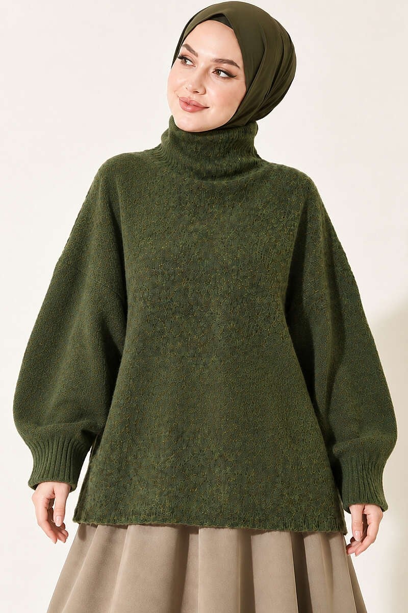 Balıkçı Yaka Oversize Triko Kazak Yeşil