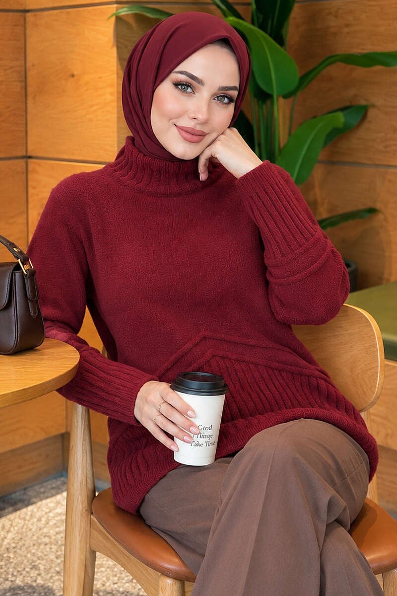 Balıkçı Yaka Sakallı Triko Tunik Mürdüm