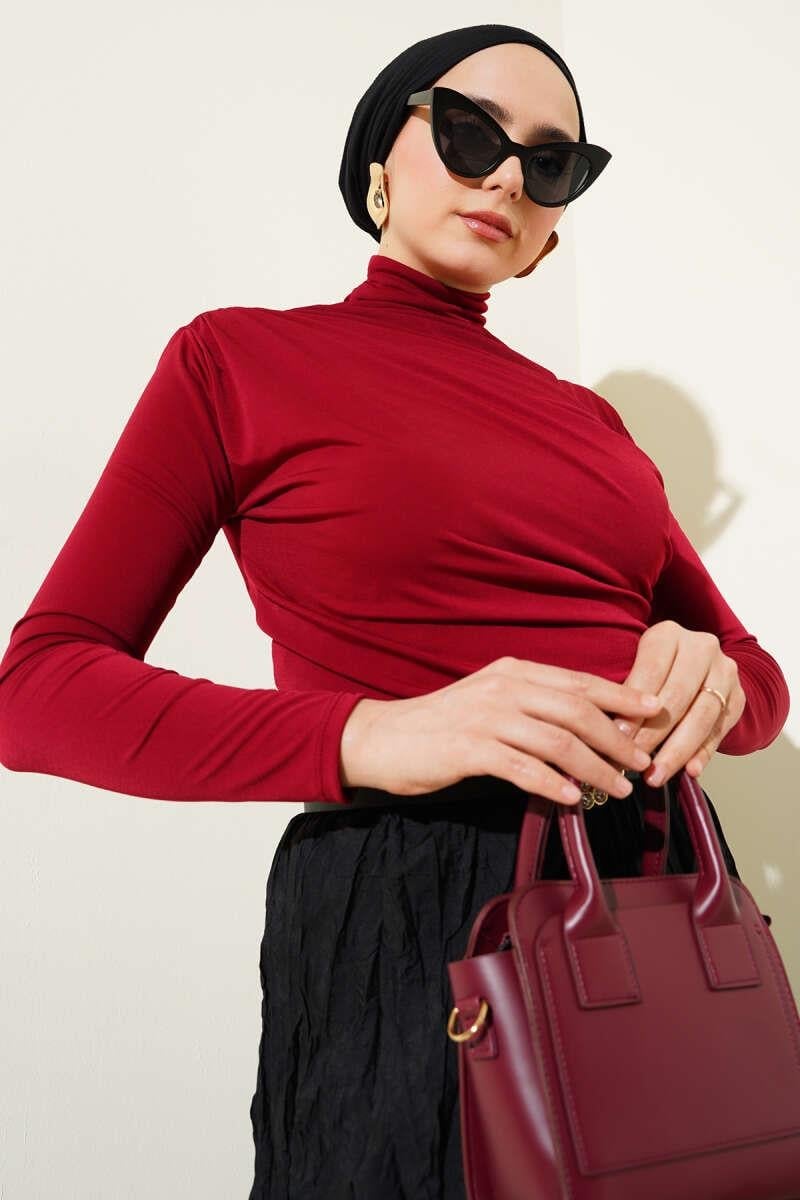 Balıkçı Yaka Yan Büzgülü Sandy Bluz Bordo