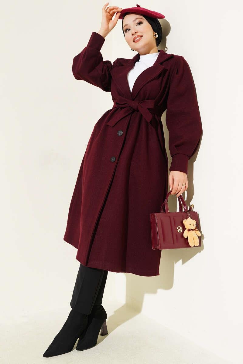 Balon Kollu Uzun Model Bordo Kaşe Kaban