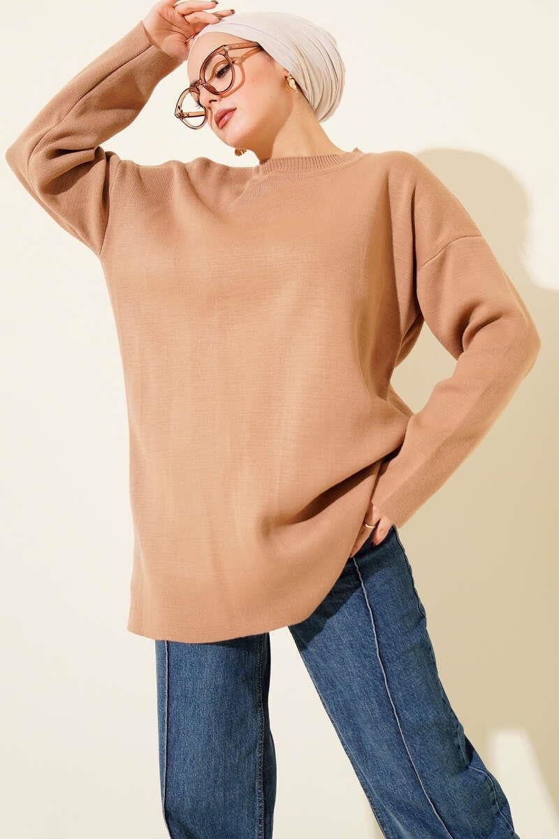 Basic Bisiklet Yaka Düz Triko Tunik Latte