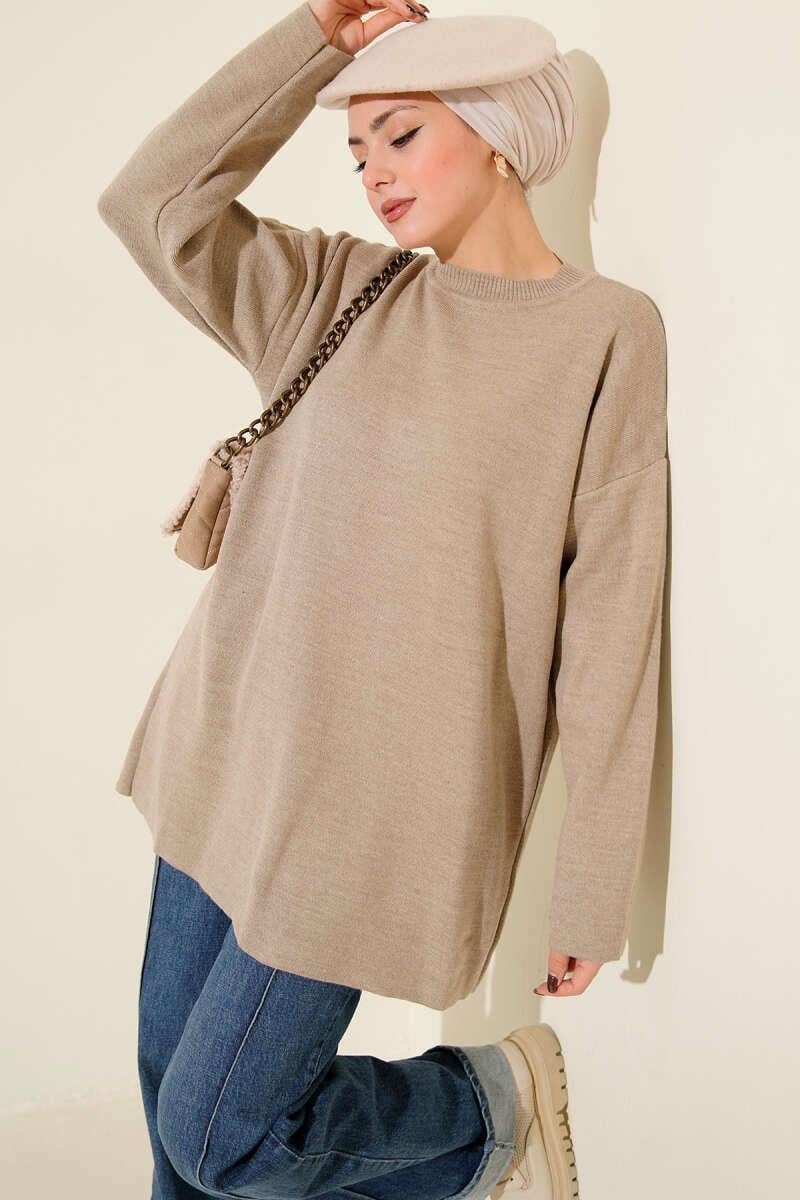 Basic Bisiklet Yaka Düz Triko Tunik Vizon