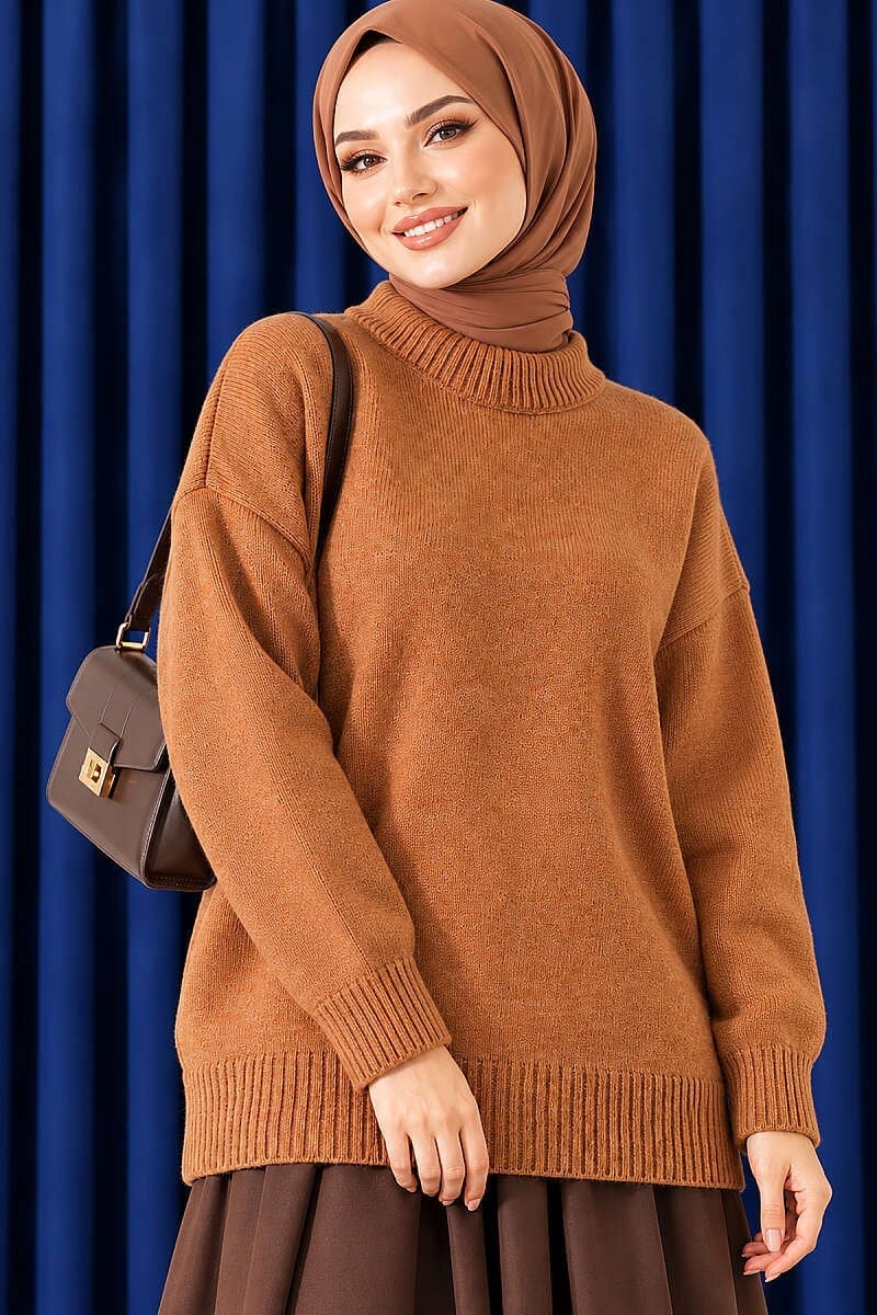 Basic Düşük Kollu Triko Tunik Taba
