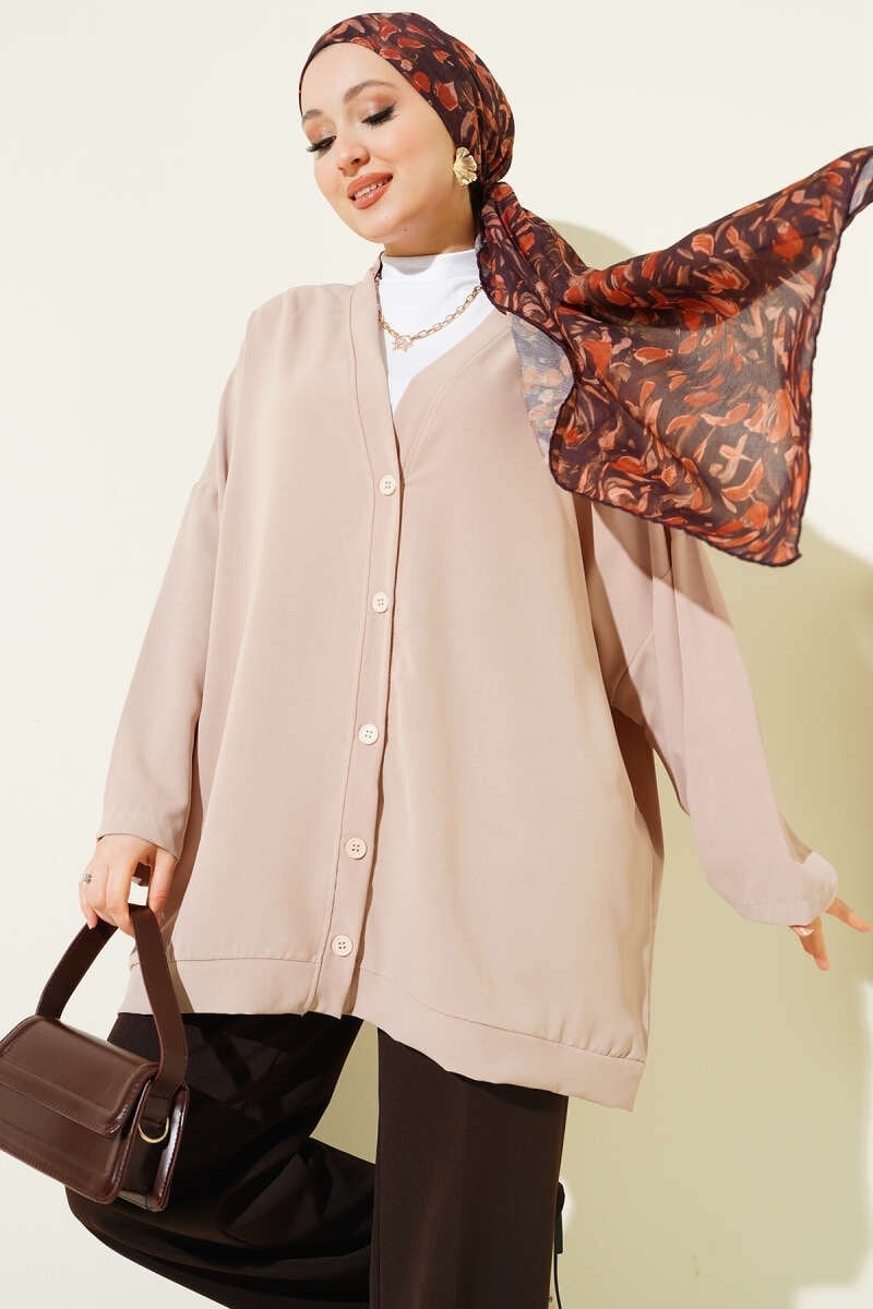 Basic Oversize Düğmeli Hırka Bej