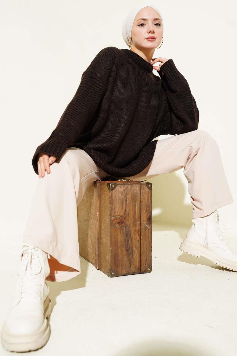 Basic Oversize Triko Tunik Acı Kahve