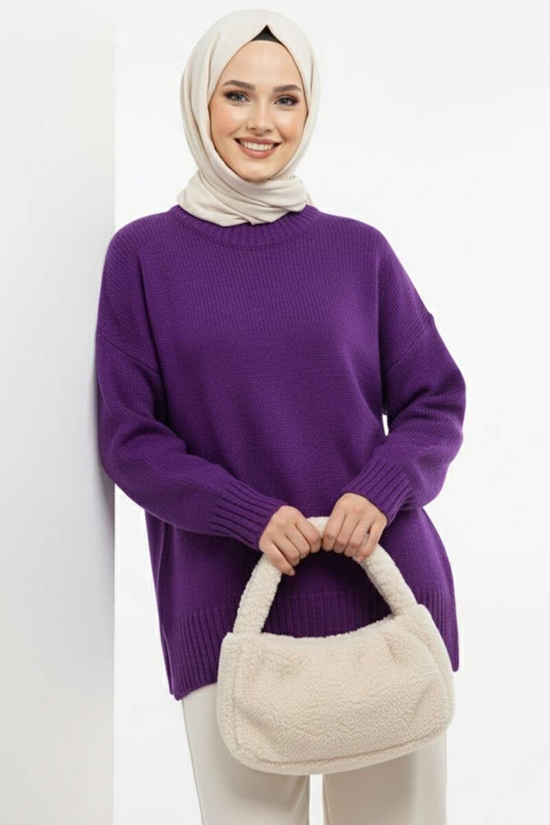 Basic Oversize Triko Tunik Mor